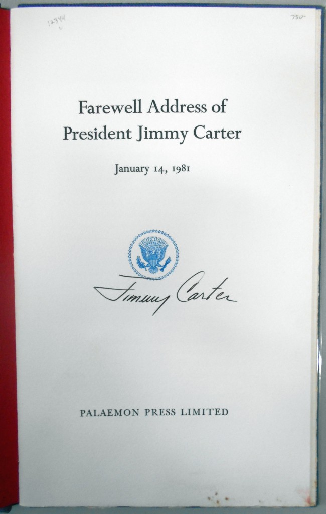 CARTER, JIMMY. Farewell Address of President Jimmy Carter. Signed on the title-page.